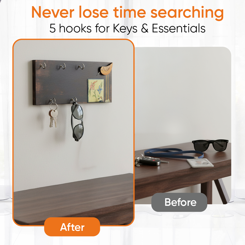 Rio Hand Painted Wooden Key Holder, Horizontal Wall Mounted Key Hanger with Bird and Floral Art for Entryway and Homedecor