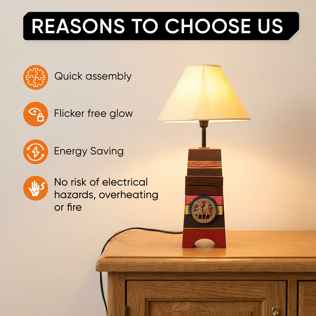 Handcrafted Wooden Table Lamp with Beige Shade, Artistic Bedside and Living Room Lighting