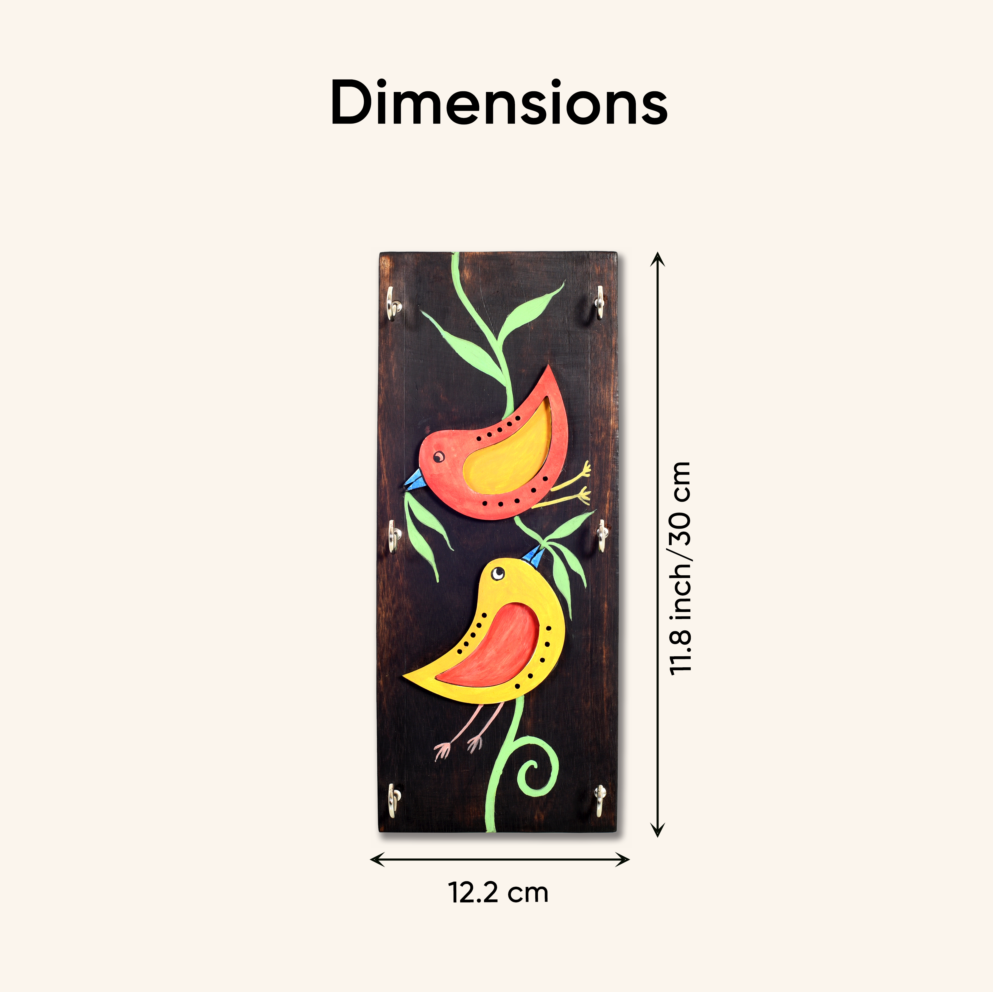 Ini Mini Hand Painted Wooden Key Holder, Vertical Wall Mounted Key Hanger with Twin Bird Design for Homedecor