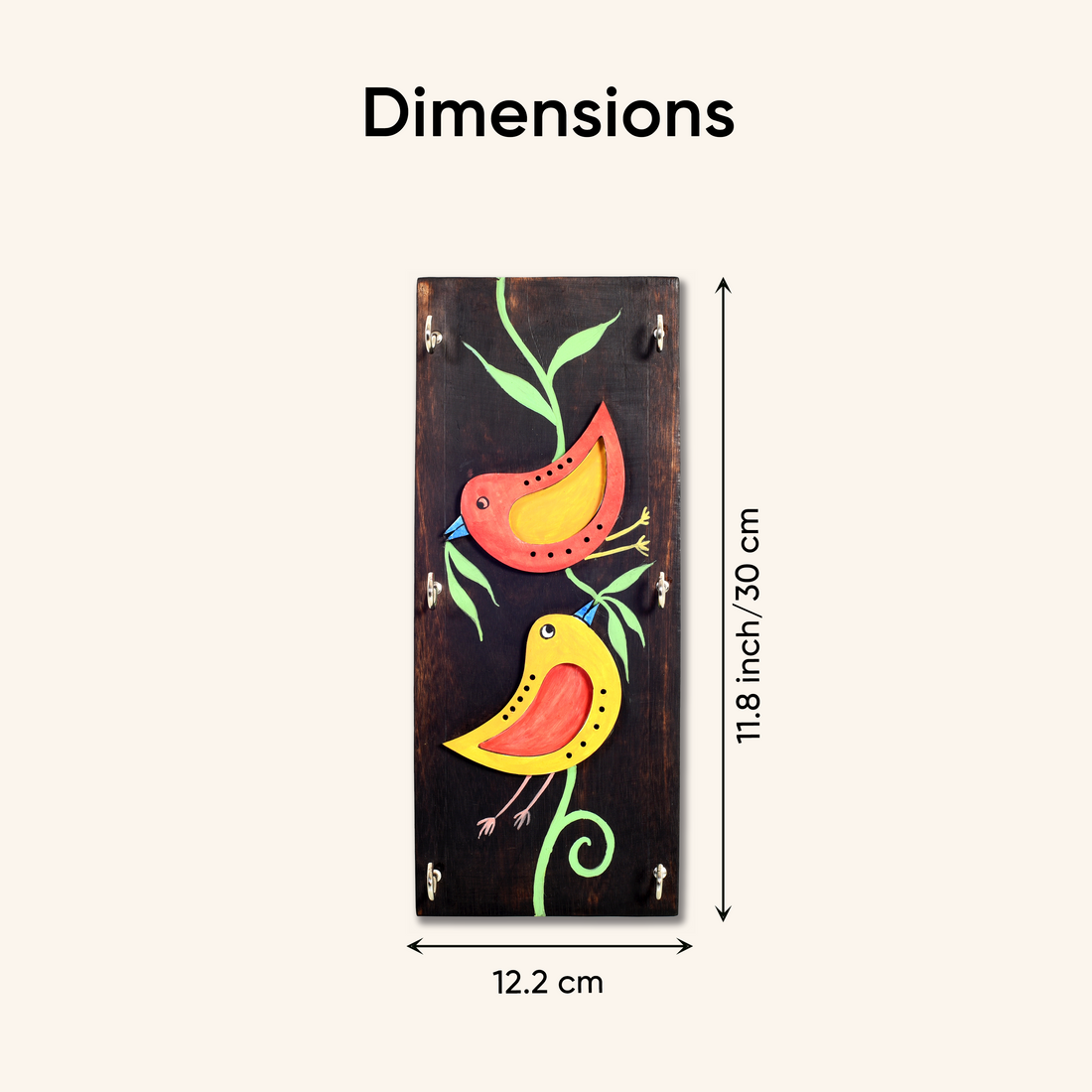 Ini Mini Hand Painted Wooden Key Holder, Vertical Wall Mounted Key Hanger with Twin Bird Design for Homedecor