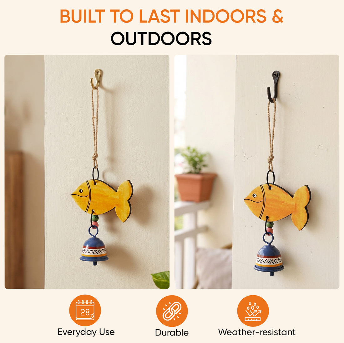 Handpainted Orange Fish Wind Chimes for Home Decorative (Multicolour)