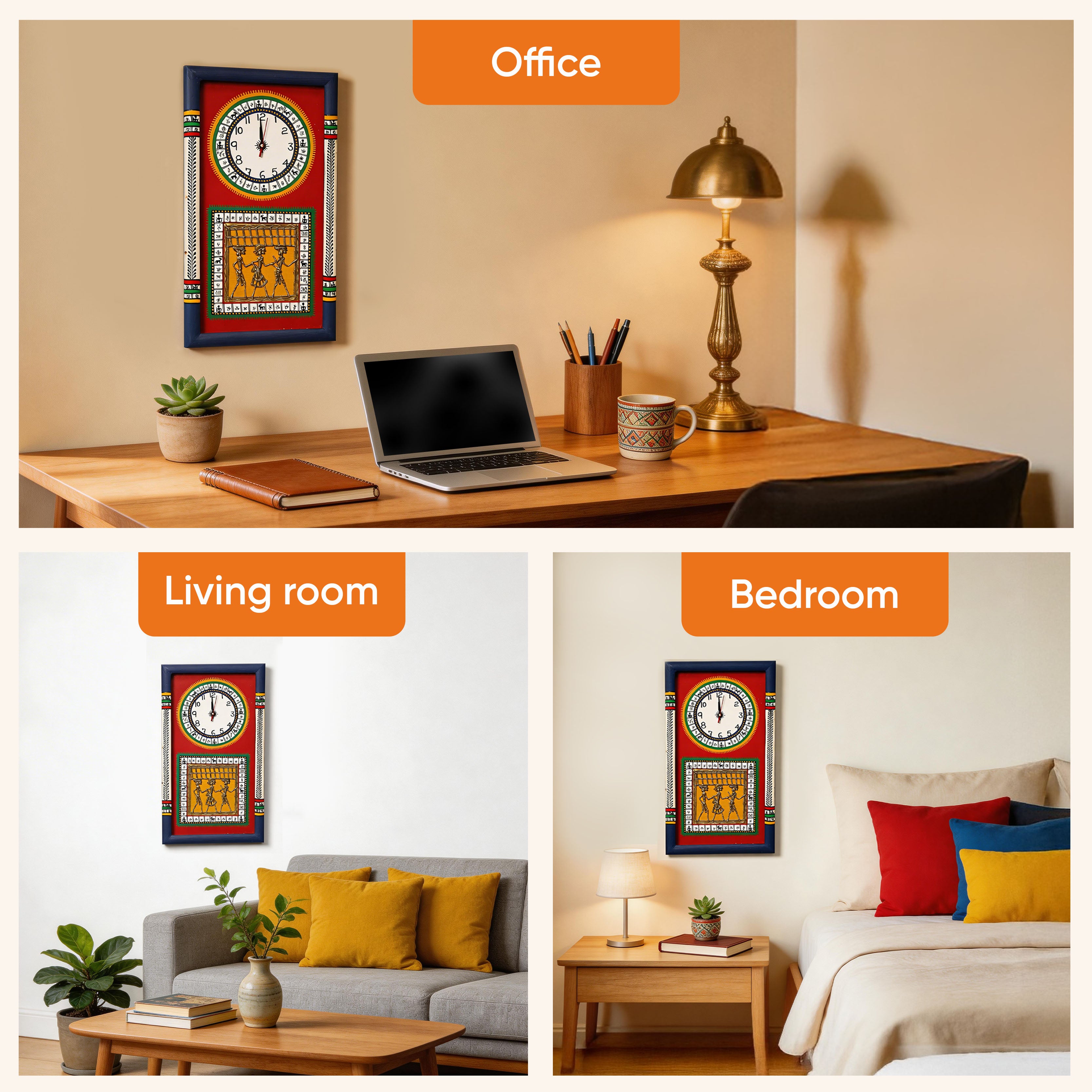 Desi Dhokra Wall Clock Warli Dial with Glass Frame (10x18)