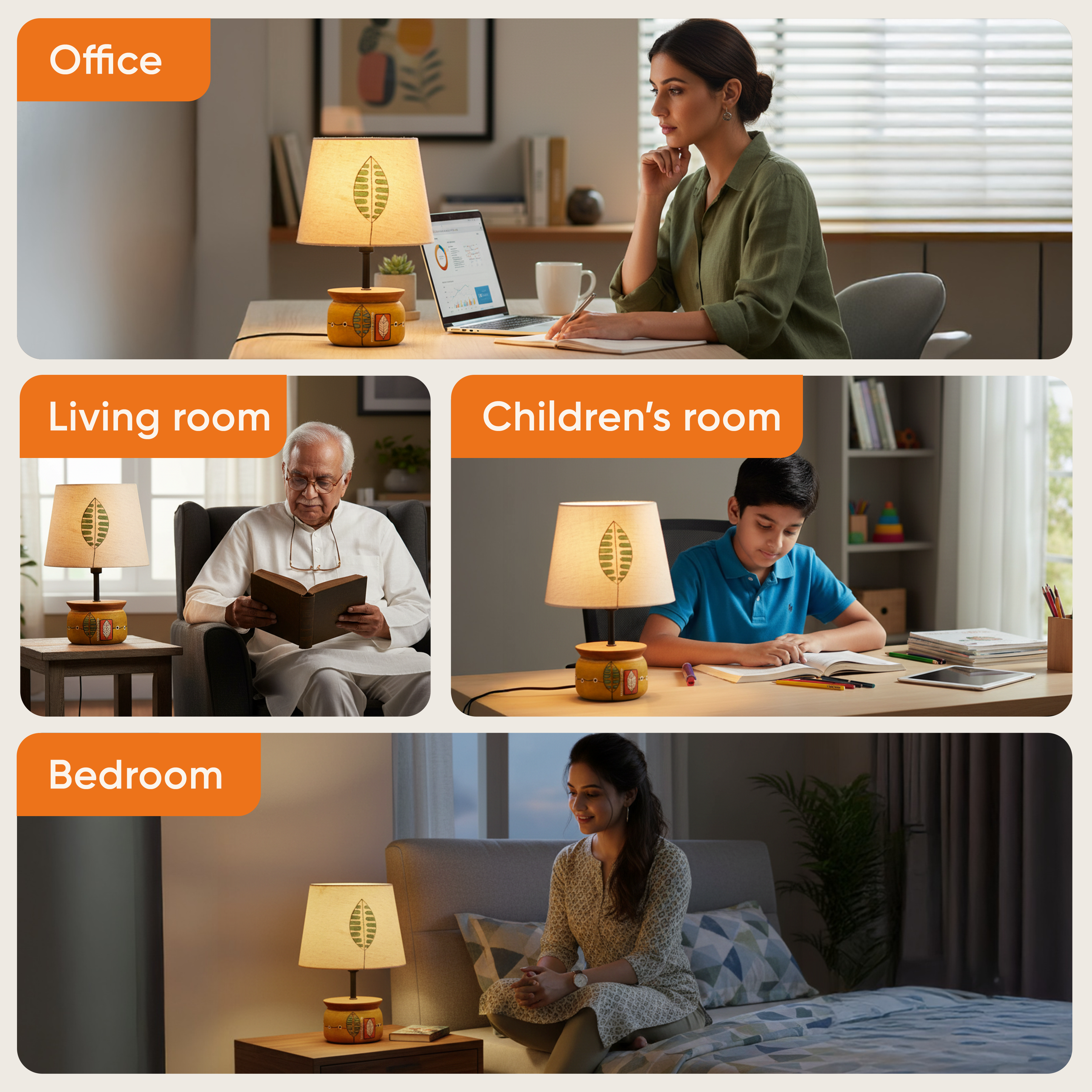 Handcrafted Wooden Table Lamp with Round Base and Fabric Shade, Decorative Bedside and Living Room Lighting