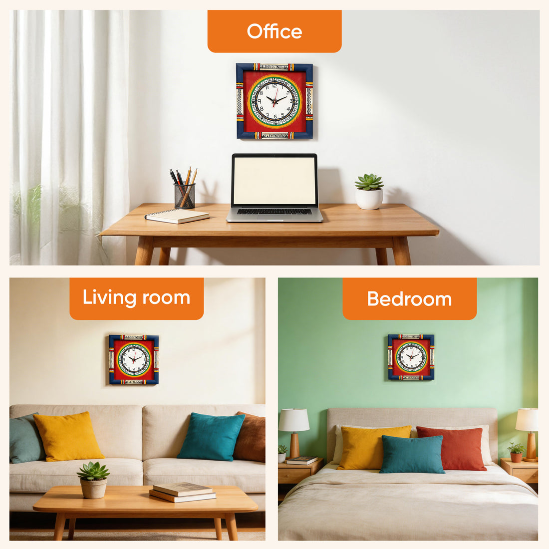 Wall Clock Handcrafted Warli Art Red Dial with Glass Frame (10x10)