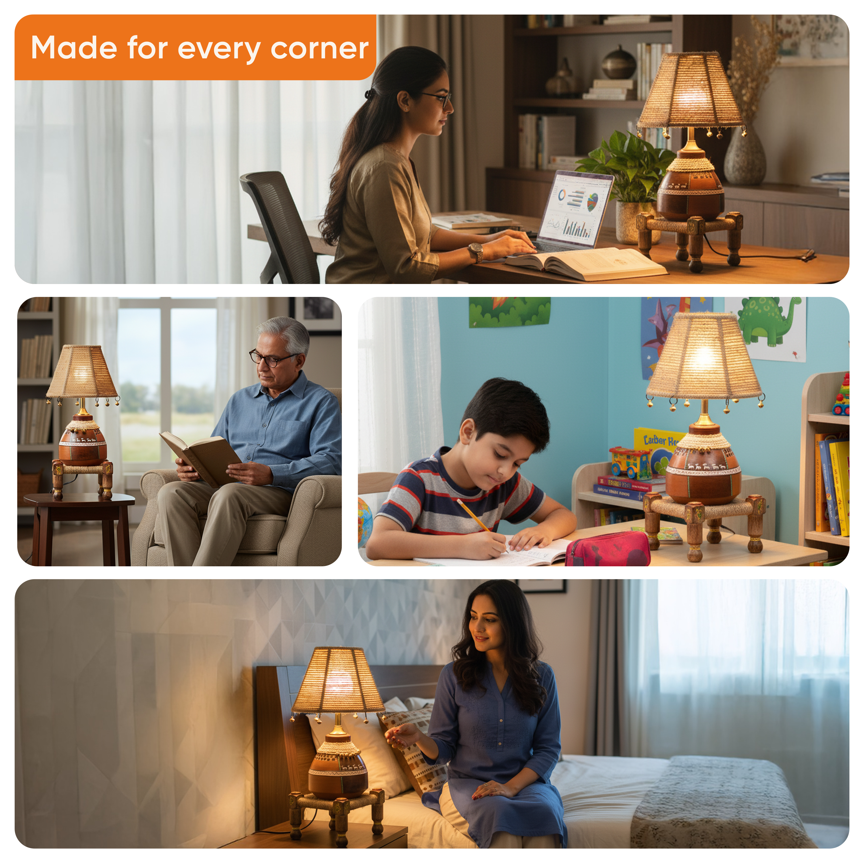 Hand Knitted Earthen Lamp with Jute Shade on Rosewood Manji (7x7x18")