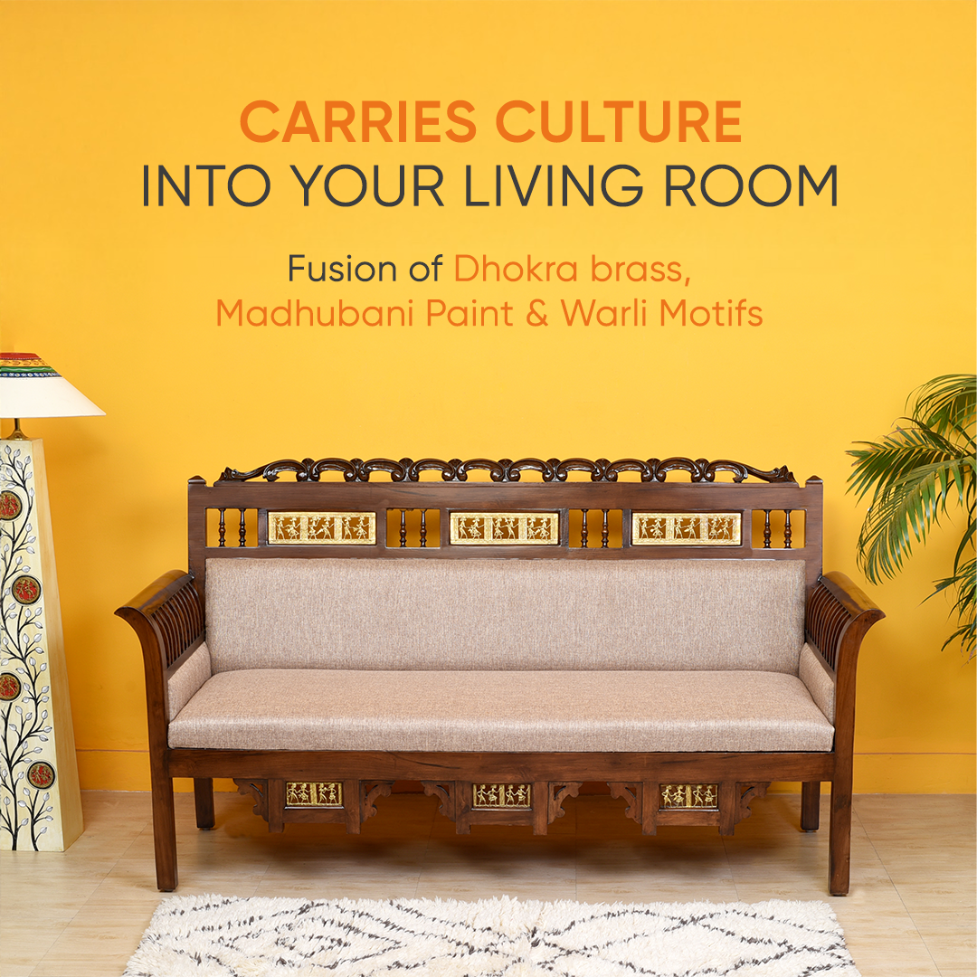 Maharaja Three Seater Sofa in Teakwood with Walnut Finish adorned with Dhokra Brass Frames