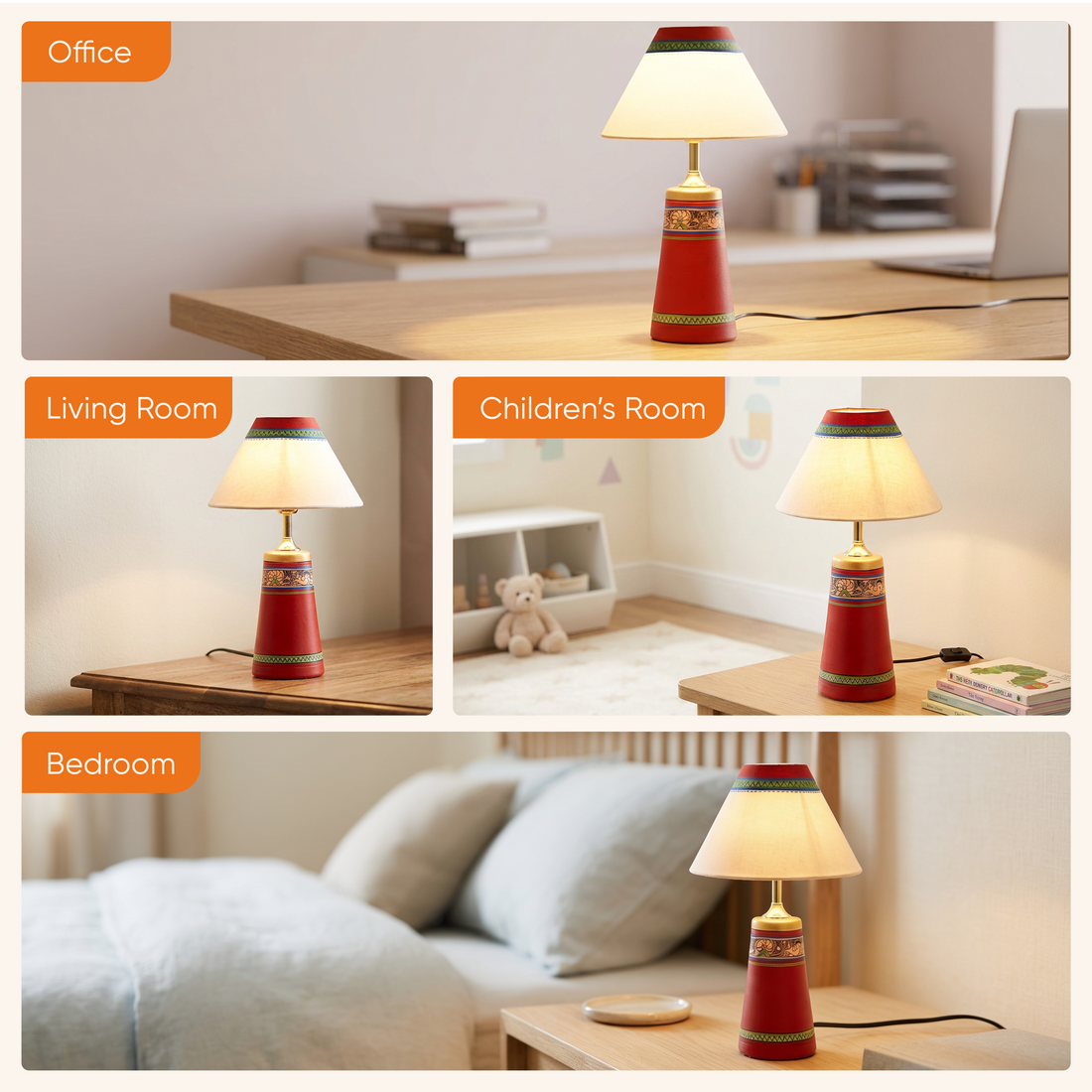 Table Lamp Red Earthen Handcrafted with White Shade (13x4.7")