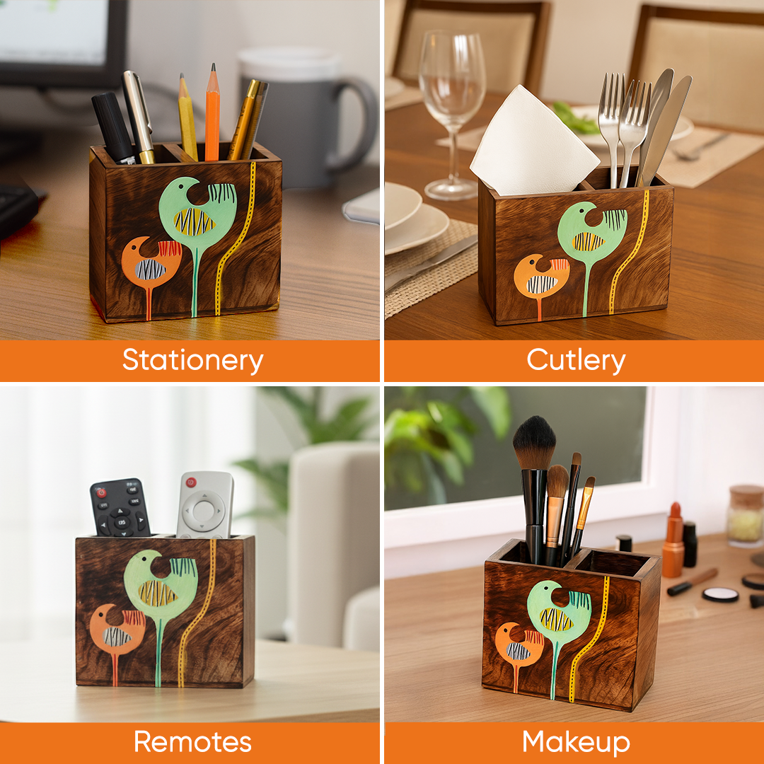 Luna & Leo Hand Painted Wooden Cutlery Holder, Stylish Organizer for Dining Table and Kitchen