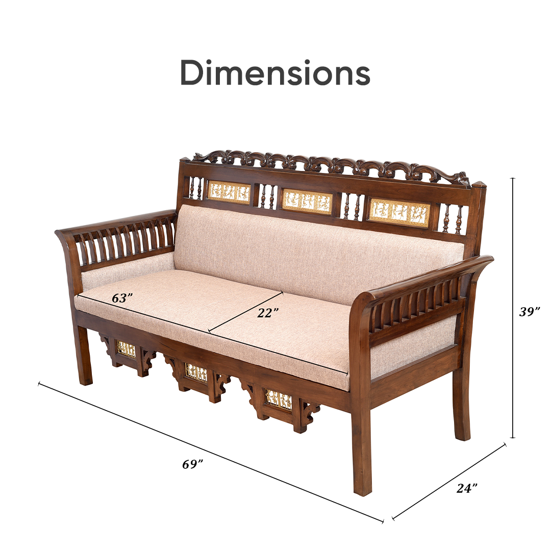 Maharaja Three Seater Sofa in Teakwood with Walnut Finish adorned with Dhokra Brass Frames