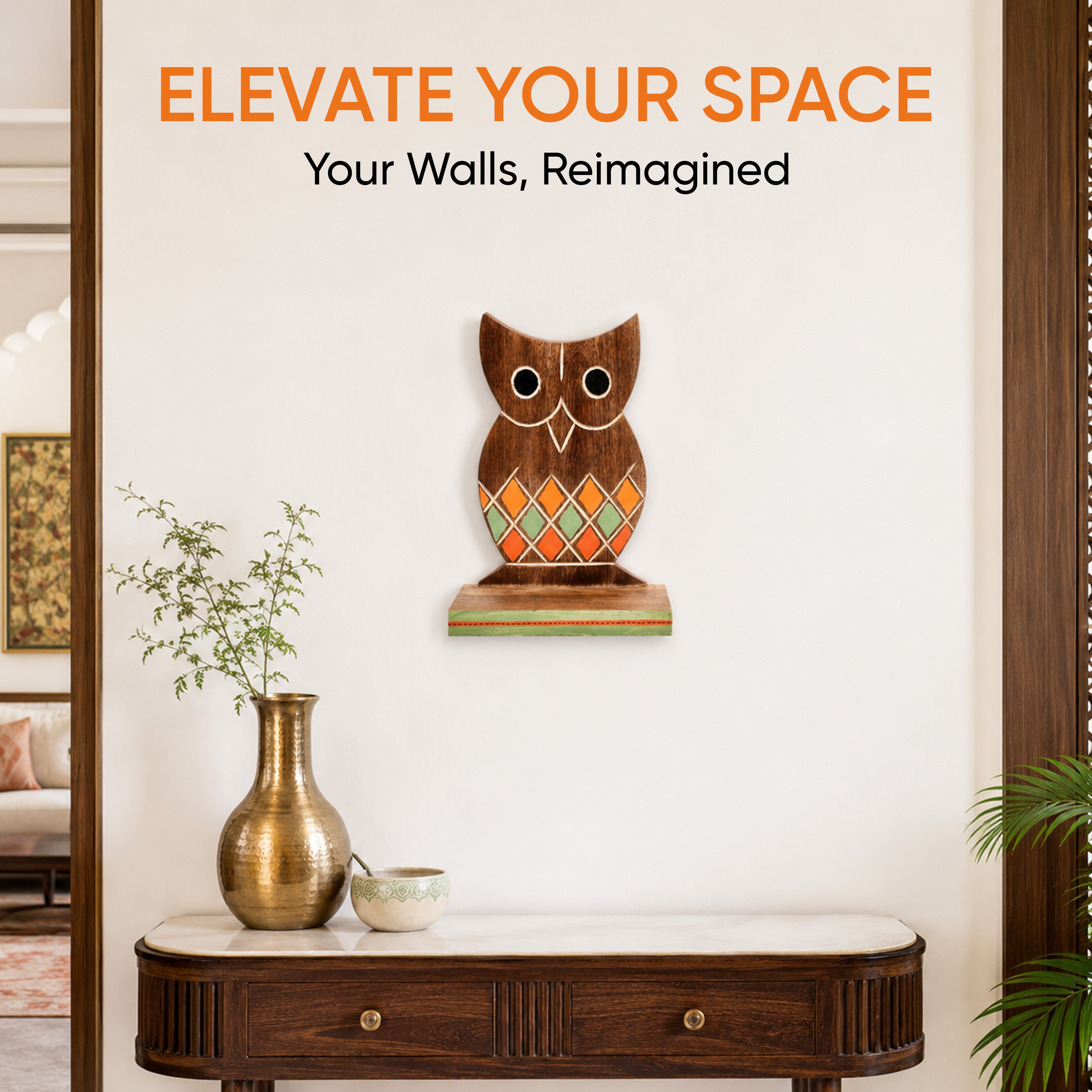 Wall Decor Handcrafted Wooden Tribal Art Owl Shelf (6.5x4x9.2)