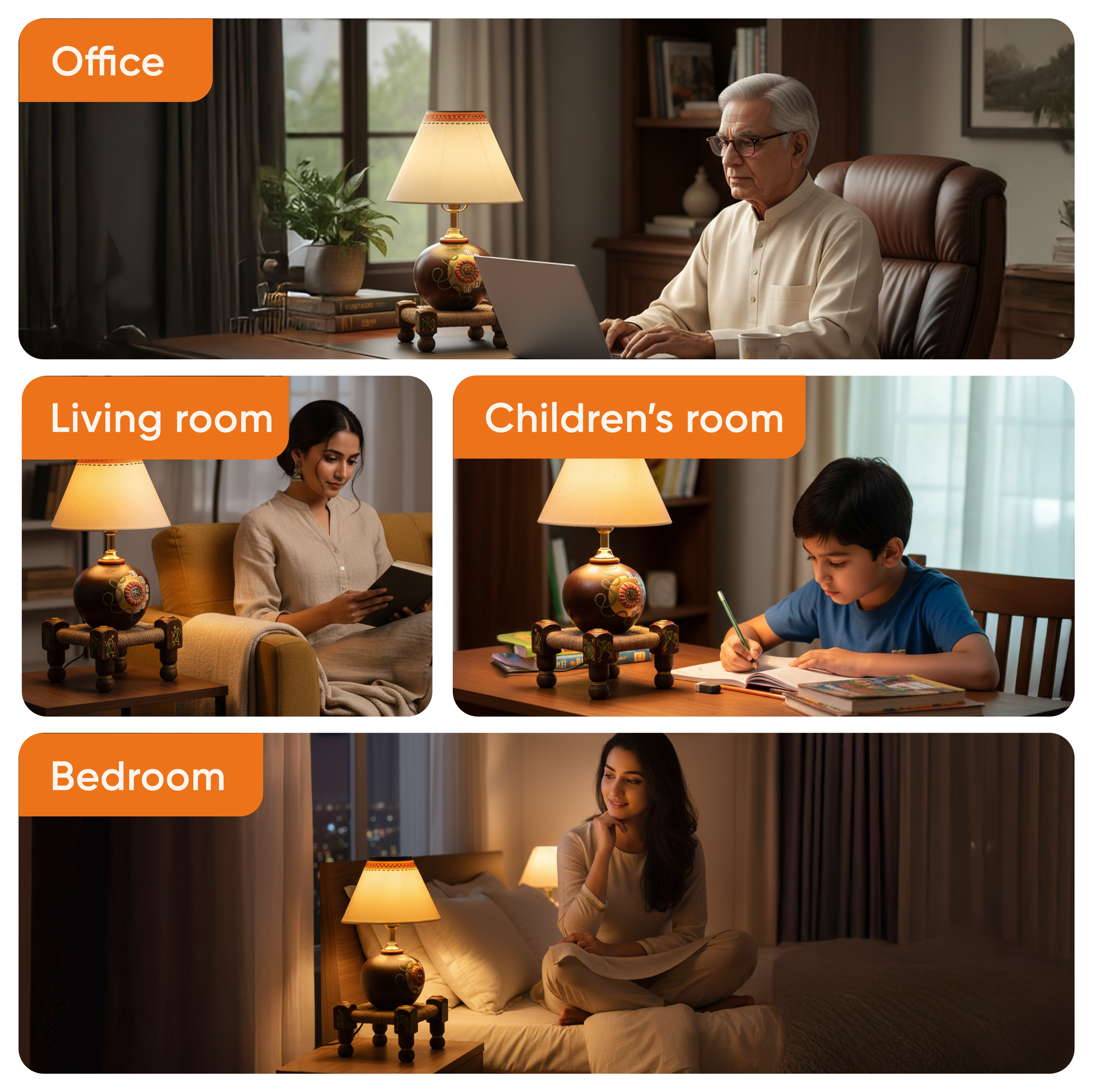 Table Lamp Earthen in Brown Color on Jute Wooden Manji Handcrafted with White Shade (8x8x17)