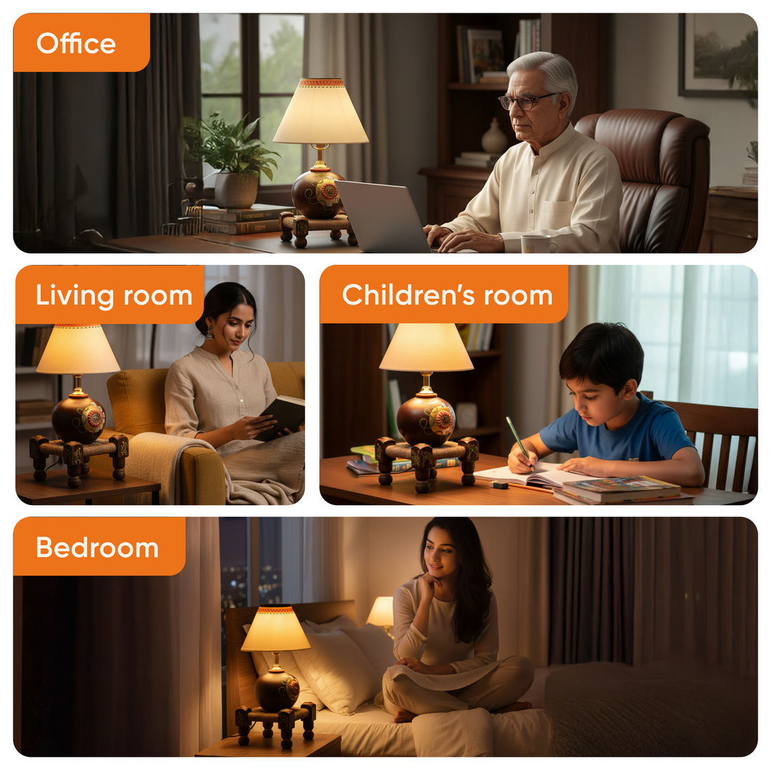 Table Lamp Earthen in Brown Color on Jute Wooden Manji Handcrafted with White Shade (8x8x17)