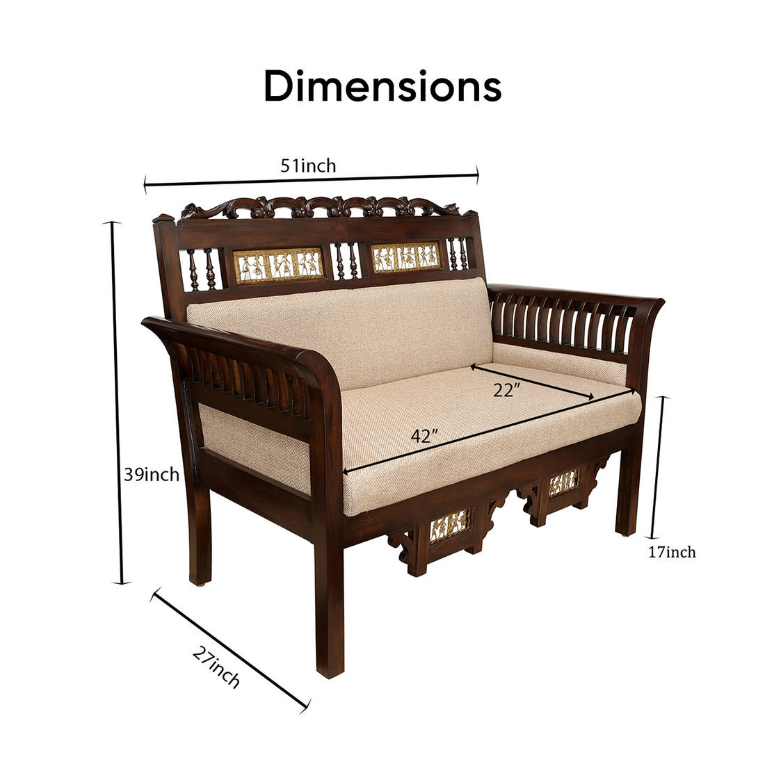 Maharaja Double Seater Sofa in Teakwood with Walnut Finish adorned with Dhokra Brass Frames (51x26x38)
