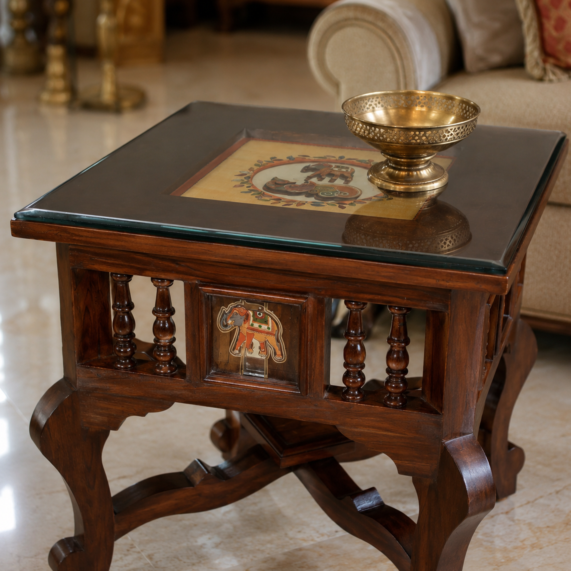 Mahi Bedside Table with Oriental Legs in Teakwood with Walnut Matte Finish