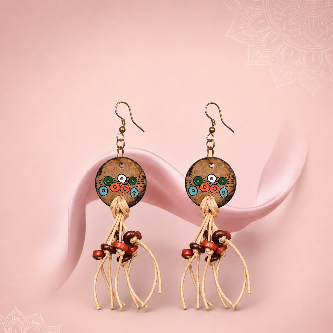 Rustic Loops: Handcrafted Wooden Earrings with Falling Strings