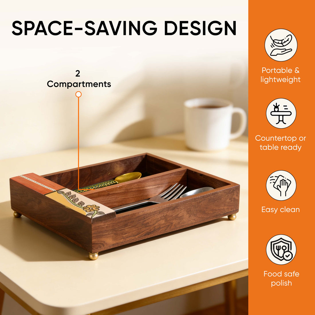 Cutlery Holder Handcrafted in Wood with Flower Motif (9x7x2.2")