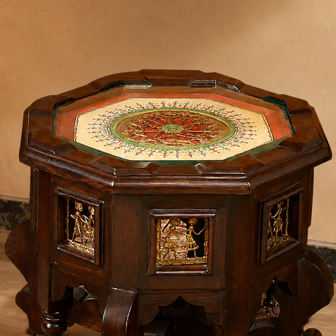 Princess Octagonal Accent Table in Teak Wood with Walnut Finish (15x15x12)