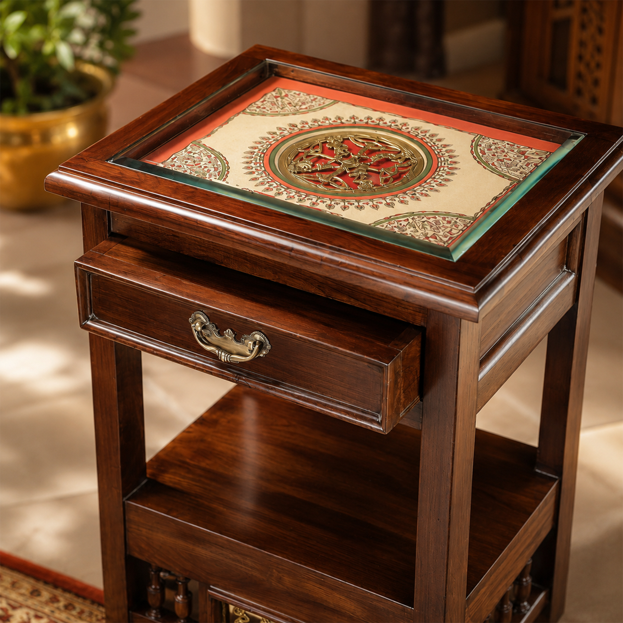 Myra-I Side Table in Teakwood with Walnut Matte Finish, with Drawer (18x15x24)