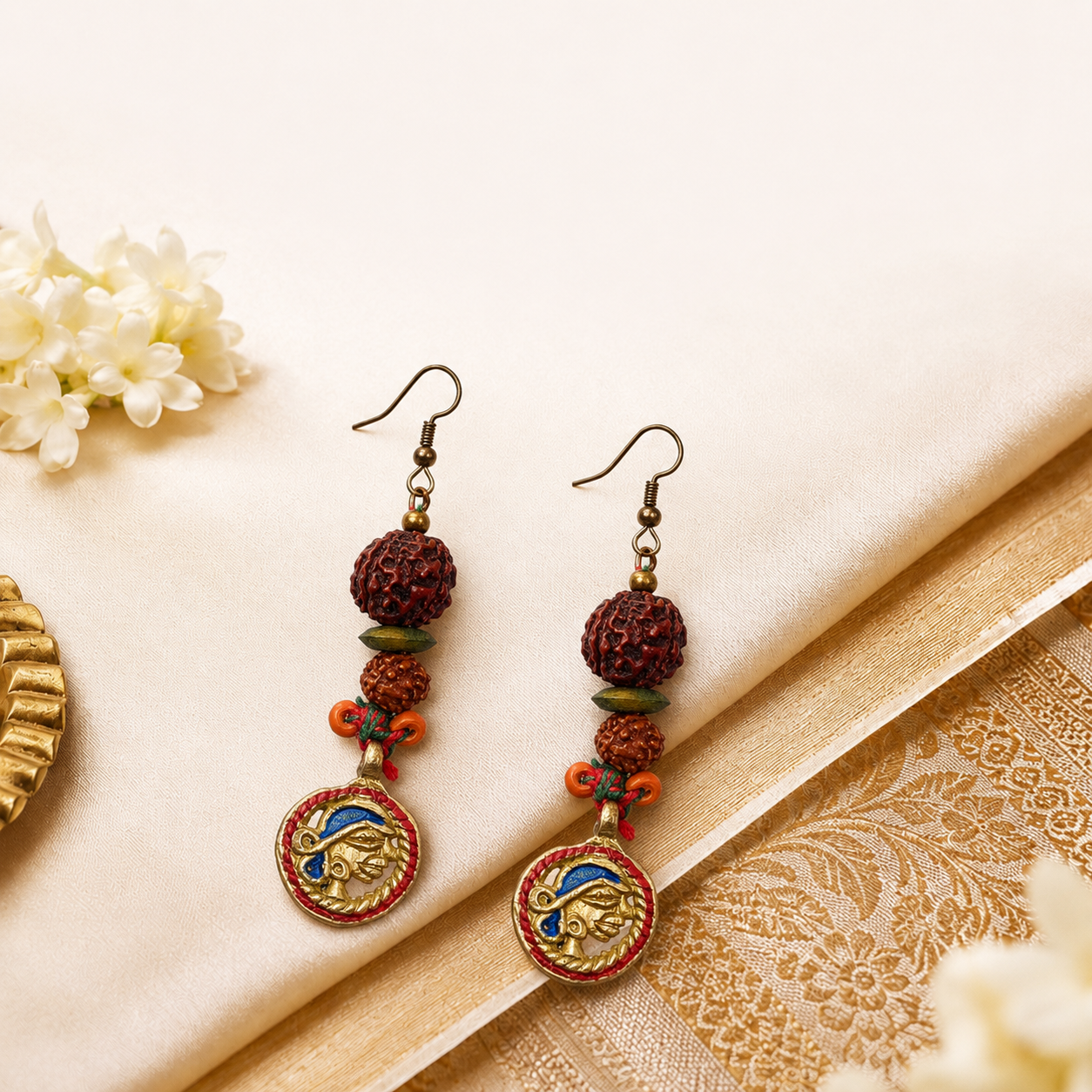 Divine Fusion: Handcrafted Wooden & Rudraksha Earrings