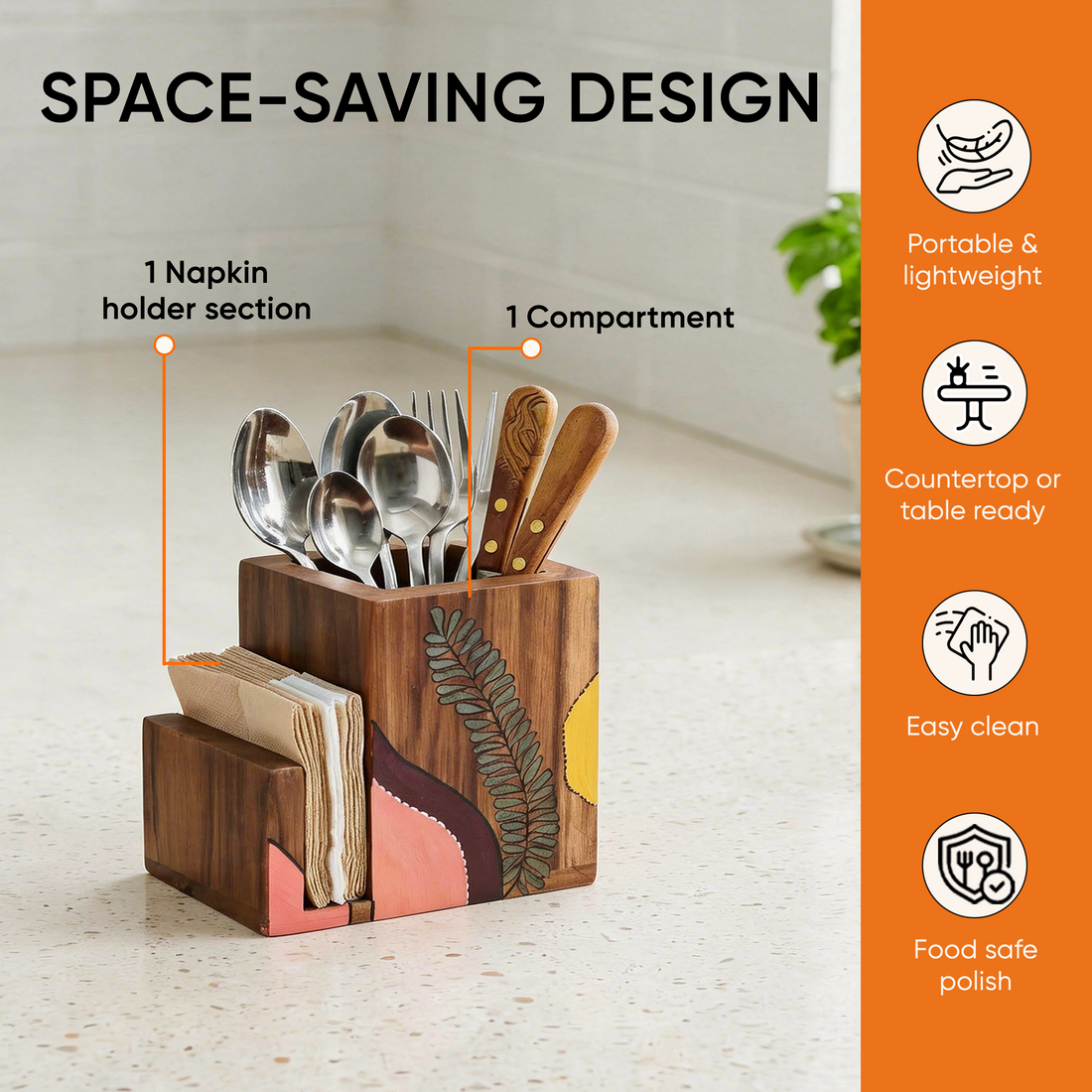 Teak leaves cutlery holder small (4.5x3x4.5)