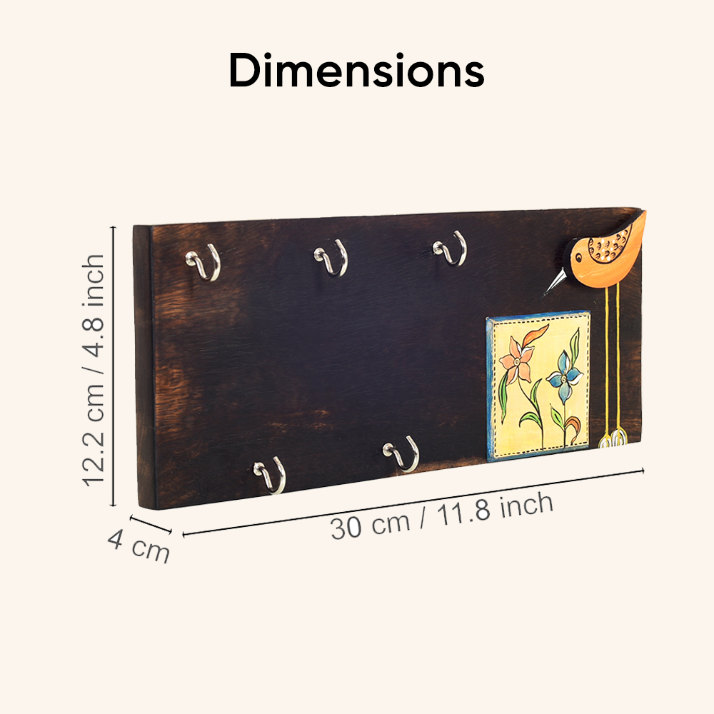 Rio Hand Painted Wooden Key Holder, Horizontal Wall Mounted Key Hanger with Bird and Floral Art for Entryway and Homedecor