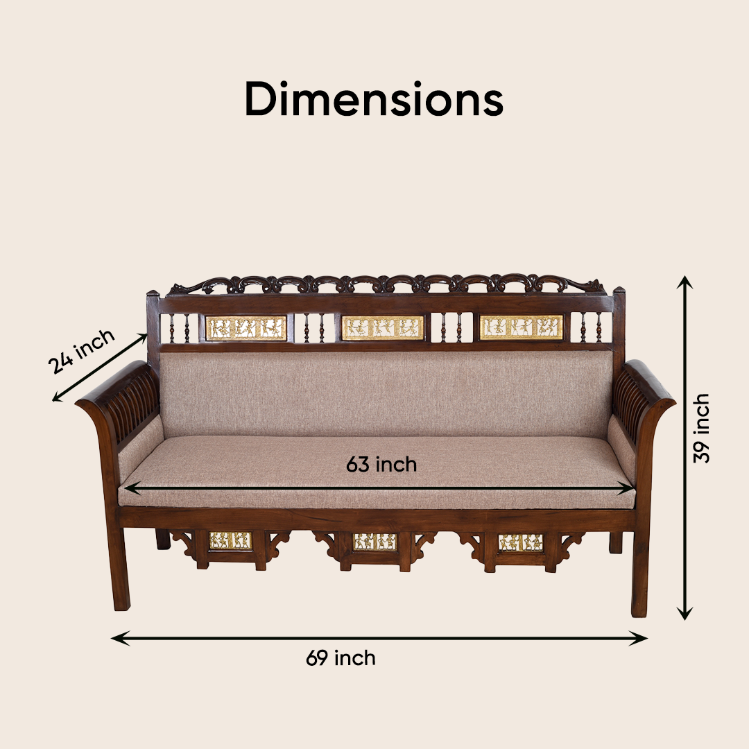 Maharaja Three Seater Sofa in Teakwood with Walnut Finish adorned with Dhokra Brass Frames