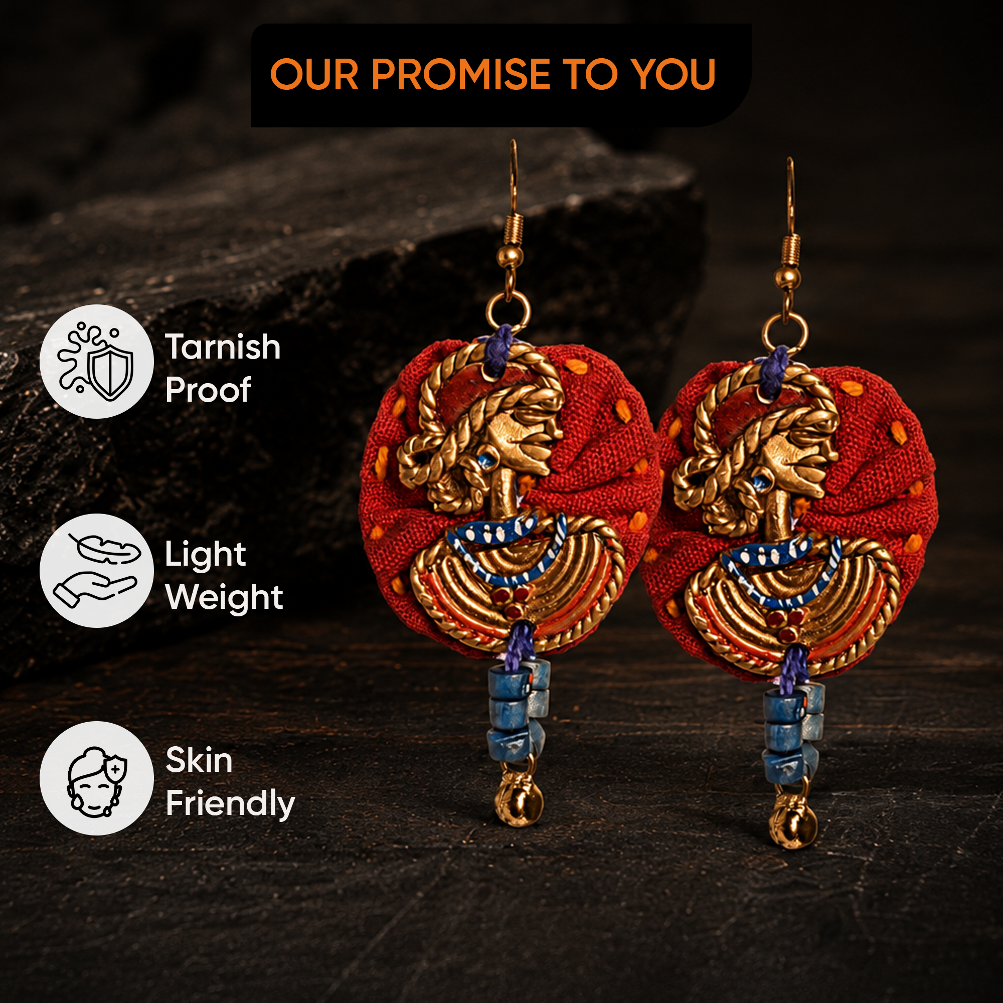 The Royal Empress Handcrafted Tribal Dhokra Round Earrings in Red