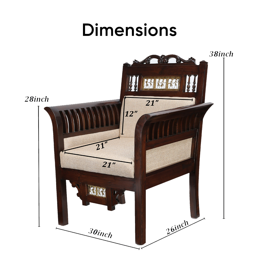 Maharaja Single Seater Sofa in Teakwood with Walnut Finish adorned with Dhokra Brass Frames (30x26x38)