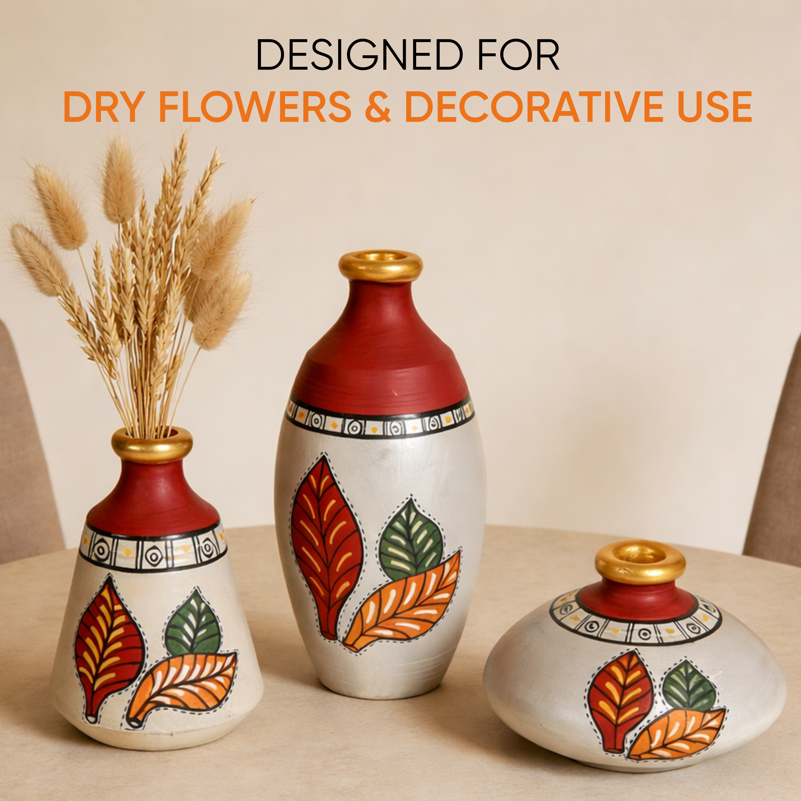 Silver Bloom Earthen Vases Handpainted in Tribal Art
