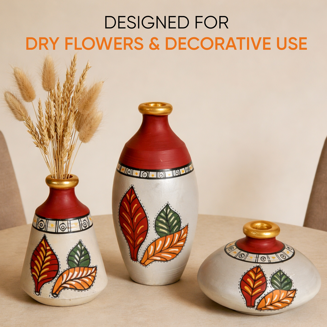 Silver Bloom Earthen Vases Handpainted in Tribal Art