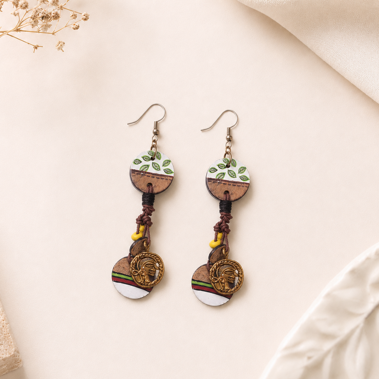 Boho Chic: Hanging Brass Wooden Earrings with Leaf Designs