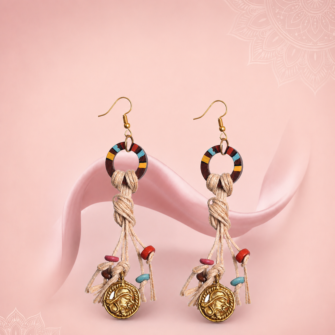 Rustic Loops: Handcrafted Wooden Earrings with Intricate Brass Figures