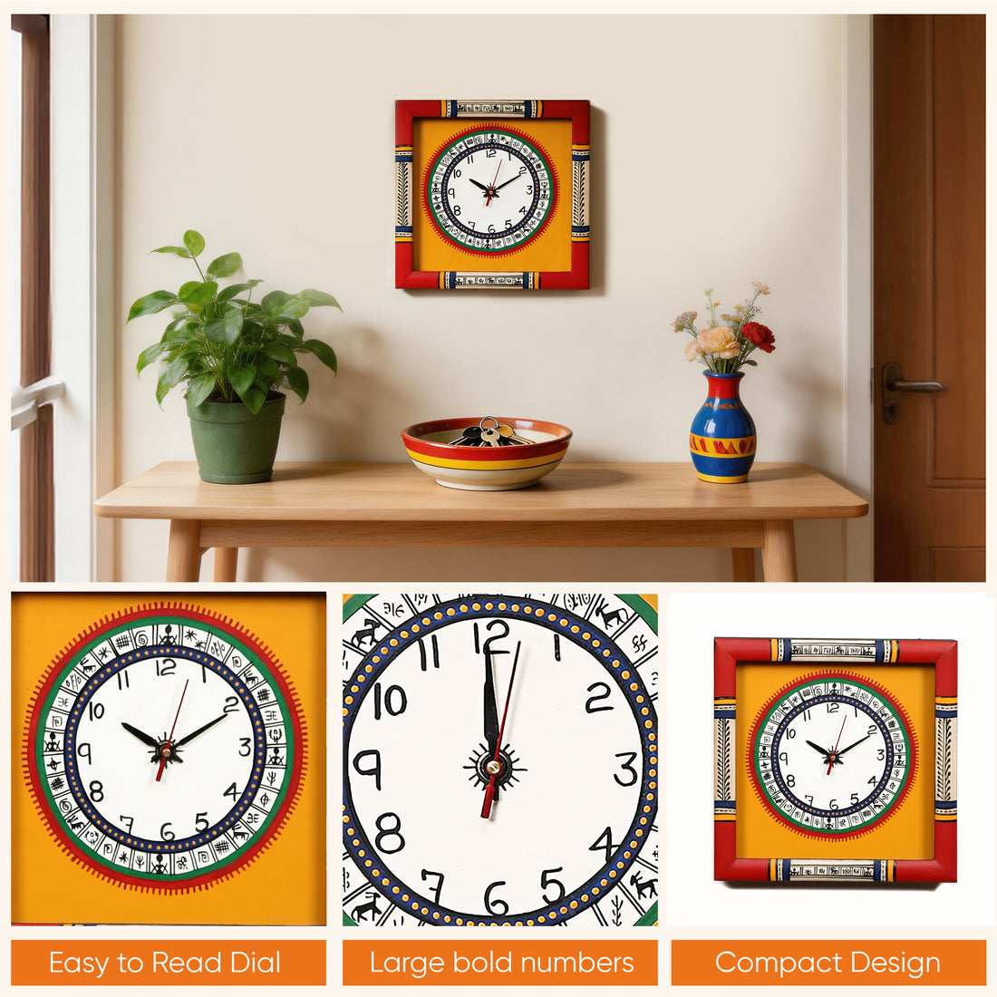 Dosera wall clock Warli Art Yellow Dial with Glass Frame (10x10)