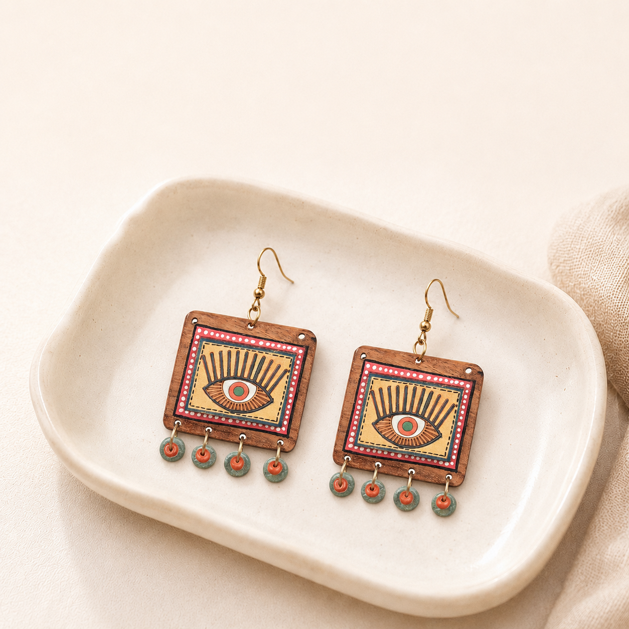 Evil Eye-V' Handcrafted Tribal Wooden Earrings