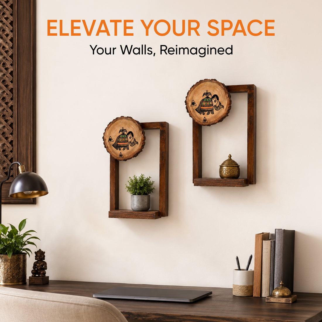 Wall Decor Round Coaster Handcrafted Wooden Shelves (Set of 2) (6x2.5x9)