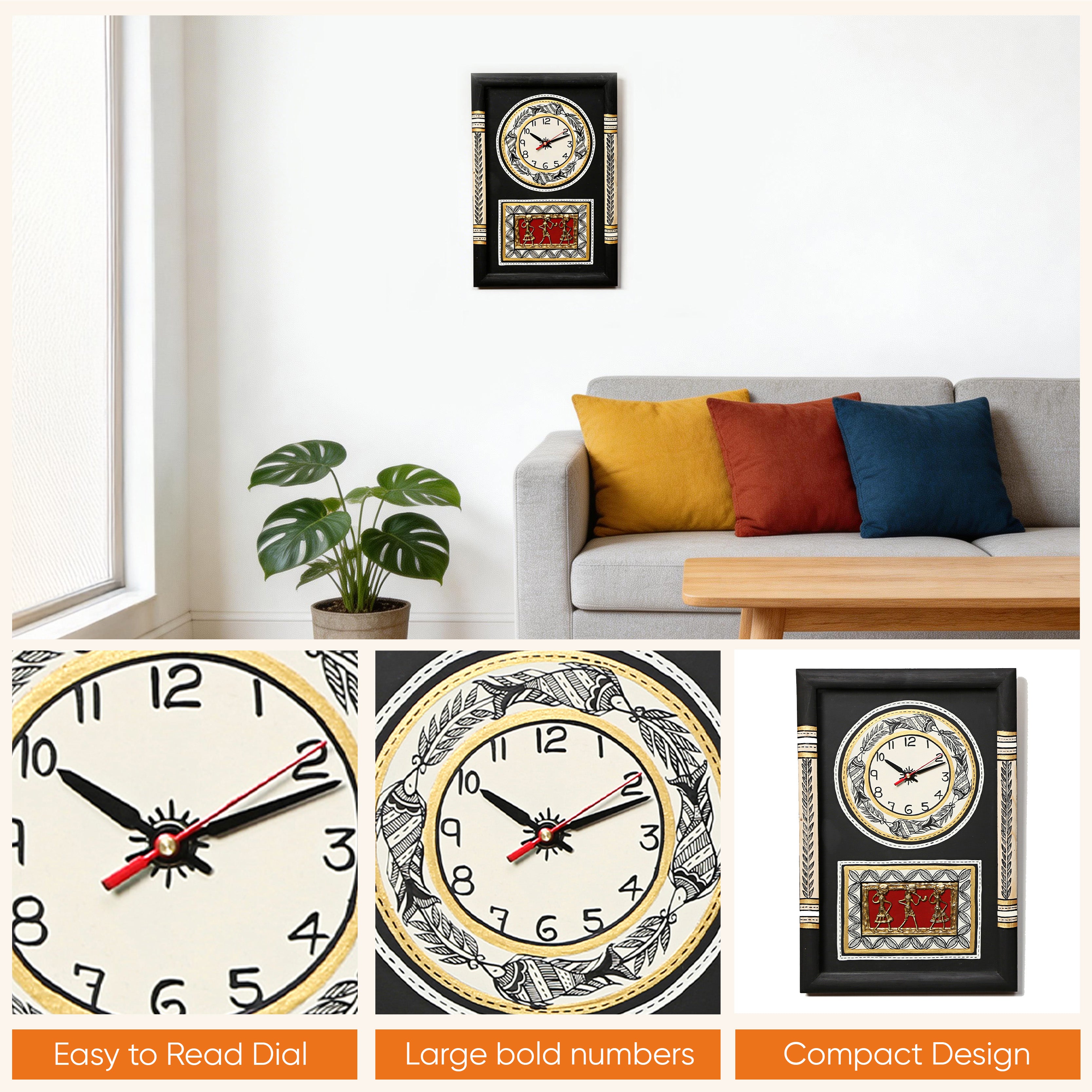 Wall Clock Handcrafted Warli/Dhokra Art Black Dial with Glass Frame (10x15)