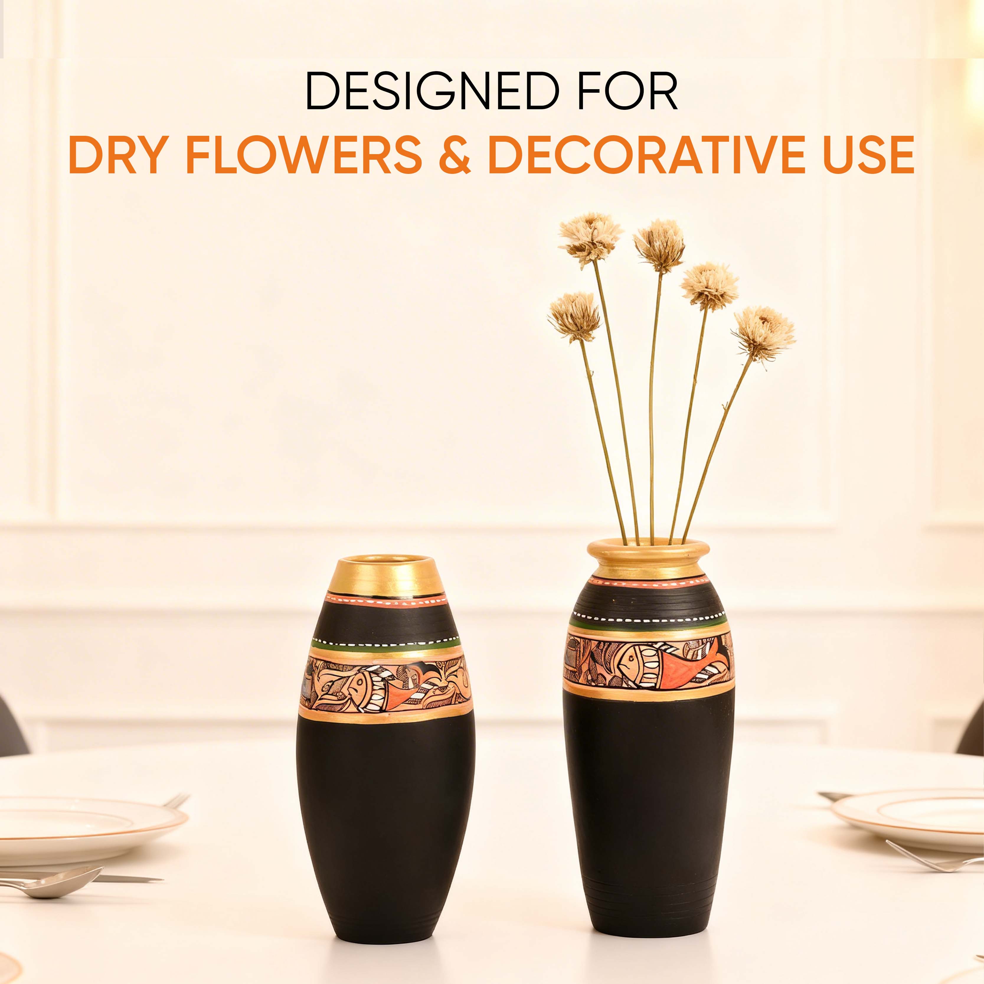 Vase Earthen Black Madhubani (Set of 2) (6.4x3/6x3)