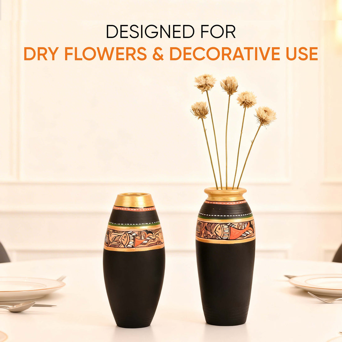 Vase Earthen Black Madhubani (Set of 2) (6.4x3/6x3)