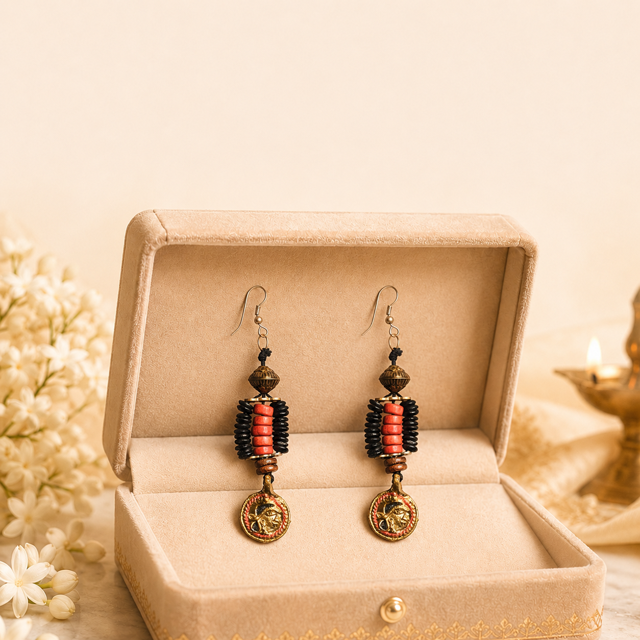 Boho Beauty: Handcrafted Wooden Beaded Earrings with Hanging Brass