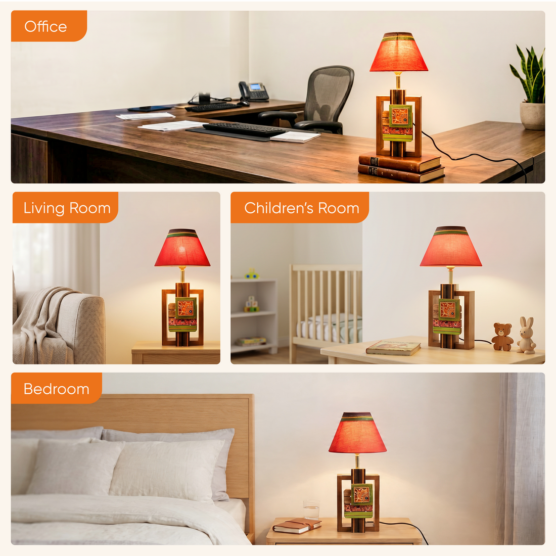 Table Lamp Handcrafted in Wood with Tribal Motifs & Red Shade (6x4x12.5")