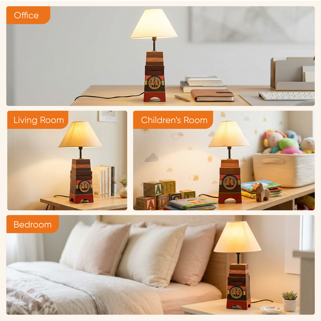 Handcrafted Wooden Table Lamp with Beige Shade, Artistic Bedside and Living Room Lighting