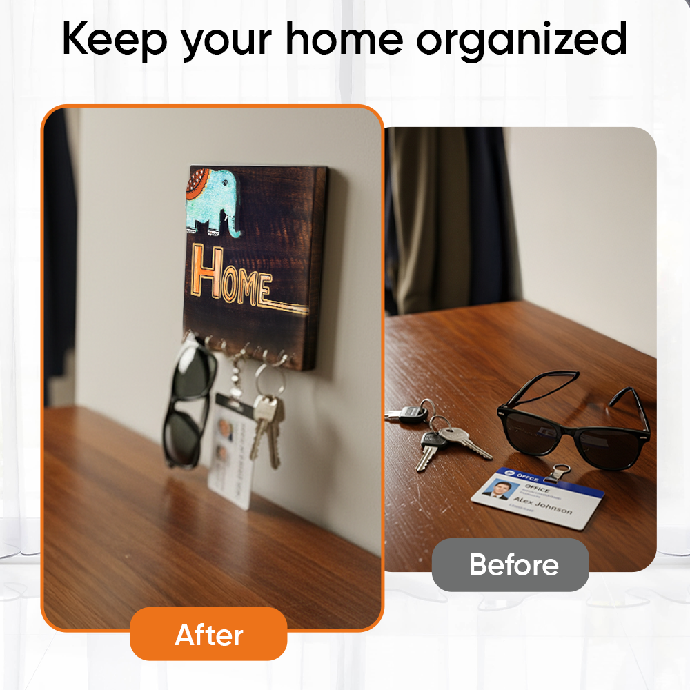 Hola Wooden Key Holder with Hand Painted Elephant and HOME Design, Wall Mounted Key Organizer for Homedecor