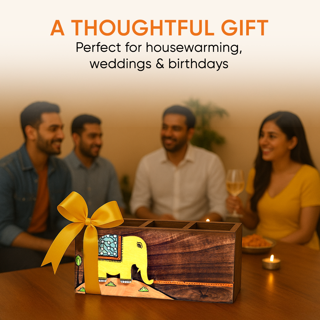 Hola Hand Painted Wooden Cutlery Holder, Artisan Organizer for Dining Table and Kitchen