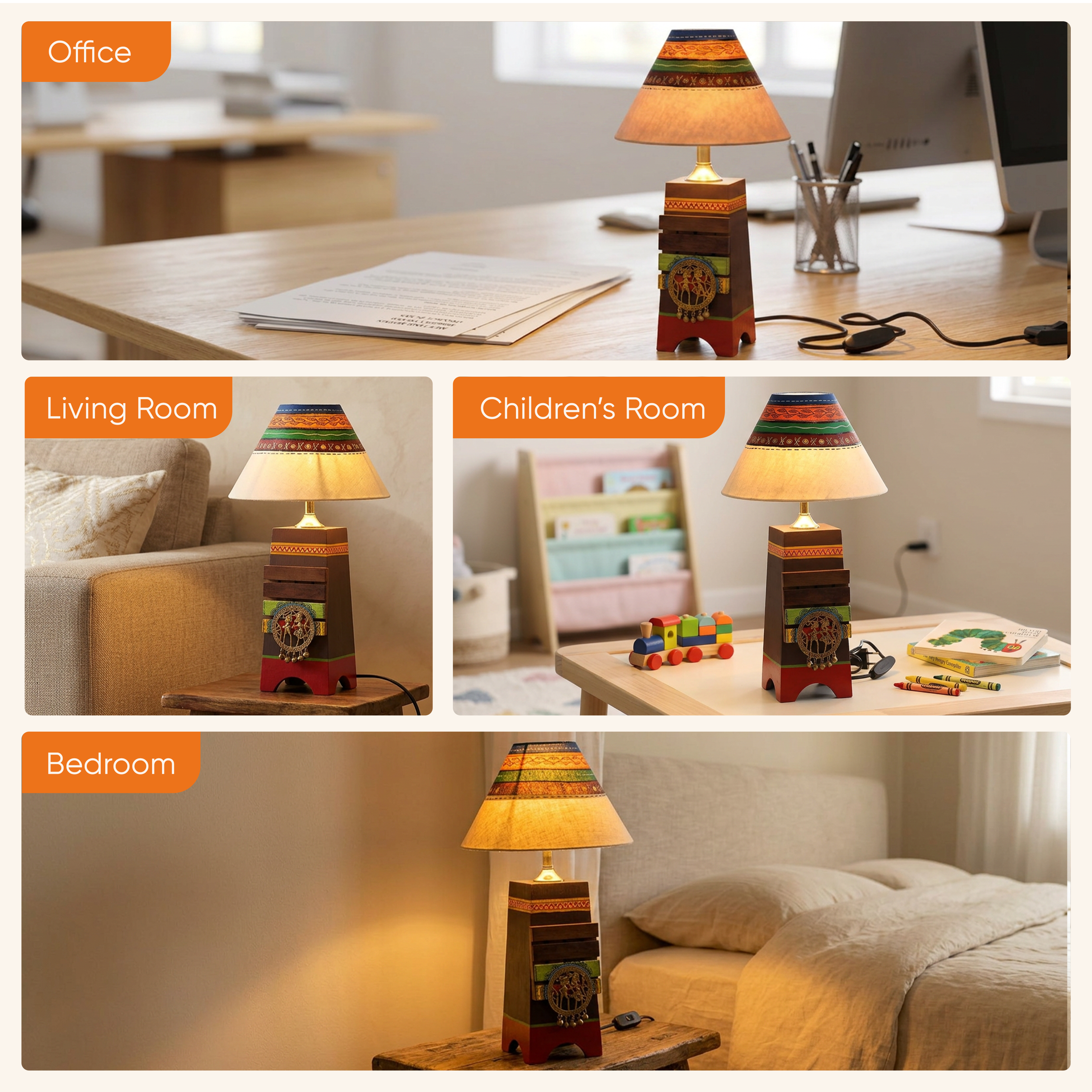 Pyramid wooden Table Lamp in Brown with Brass motifs, decorated with Tribal paintings with white Shade