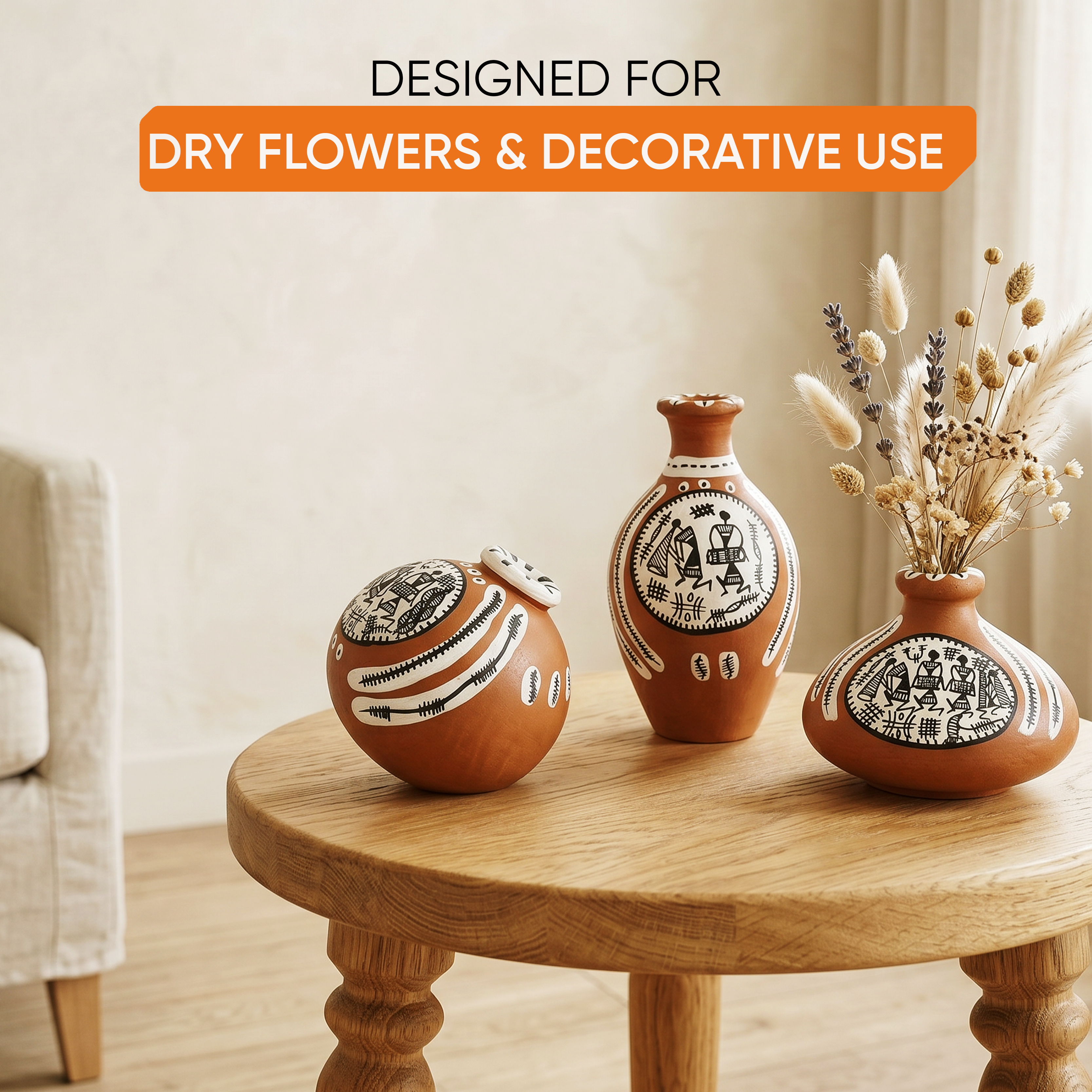 Vase Earthen Miniatures Natural Warli (Set of 3) 2.4/2/2