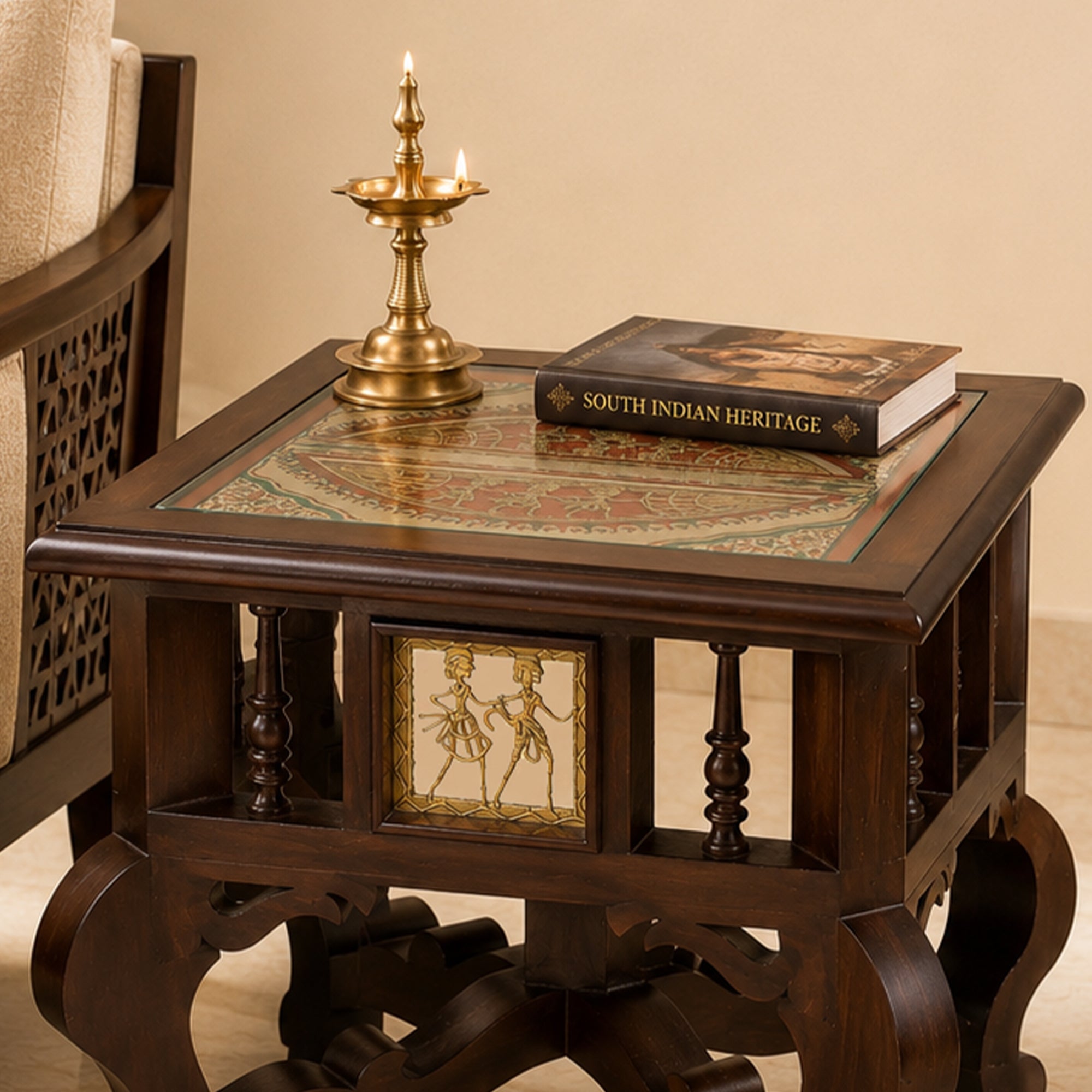 Munich Bedside Table with Oriental Legs in Teakwood with Walnut Finish (16x16x16)