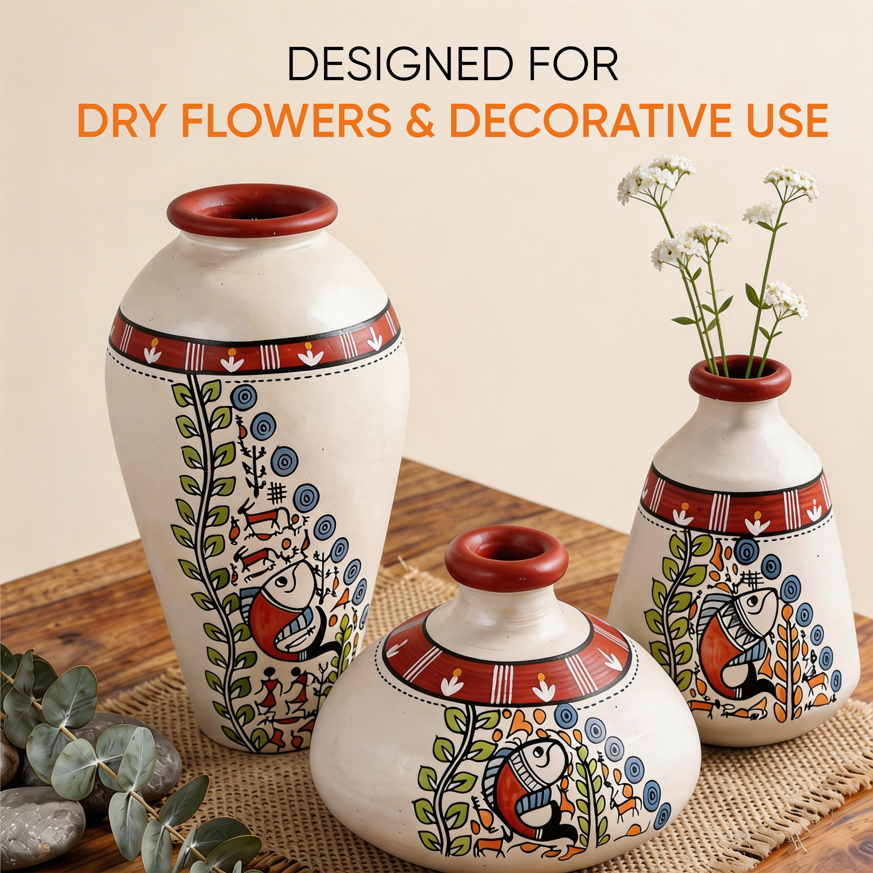 Vase Earthen Miniatures White Madhubani (Set of 3) 4.4/3/6