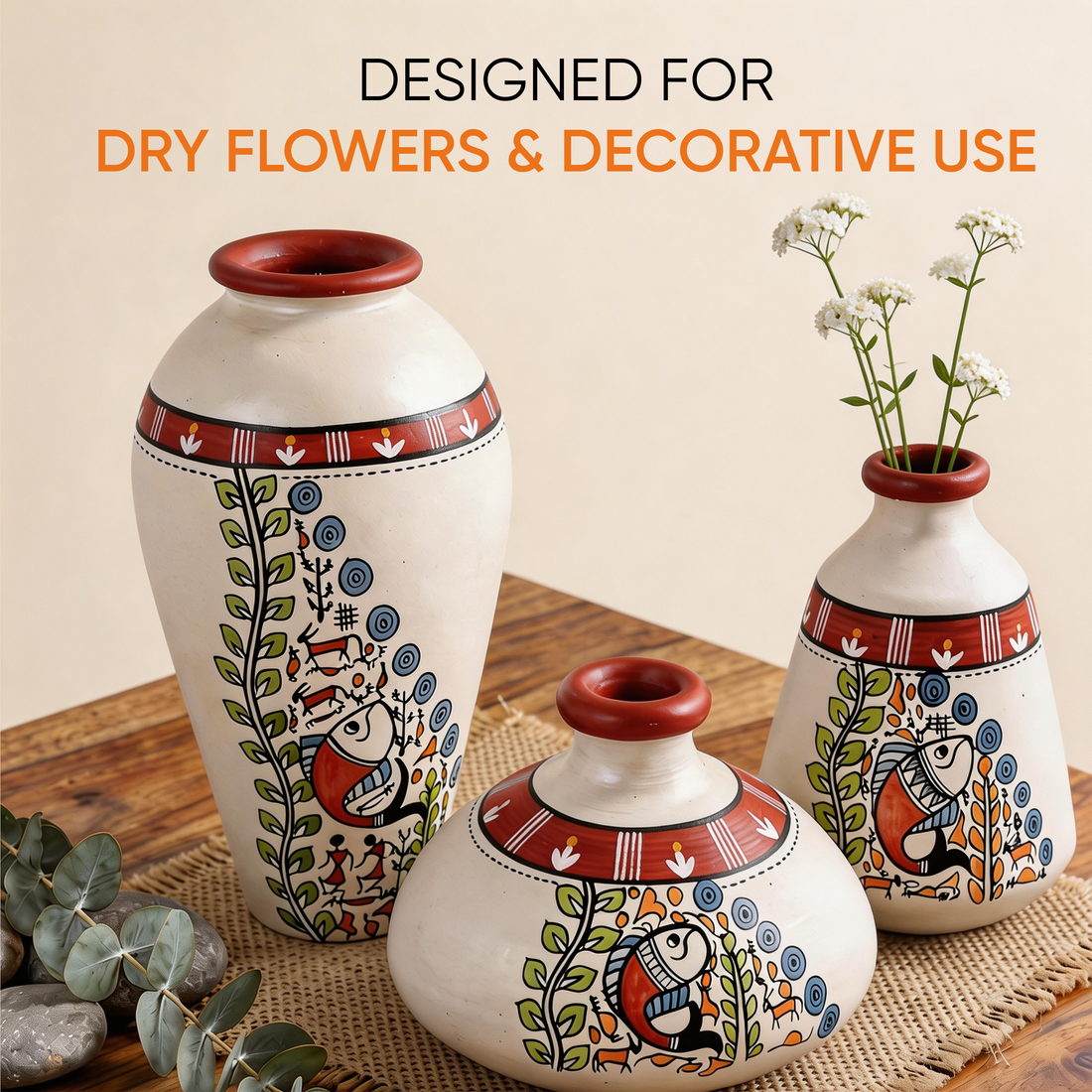 Vase Earthen Miniatures White Madhubani (Set of 3) 4.4/3/6