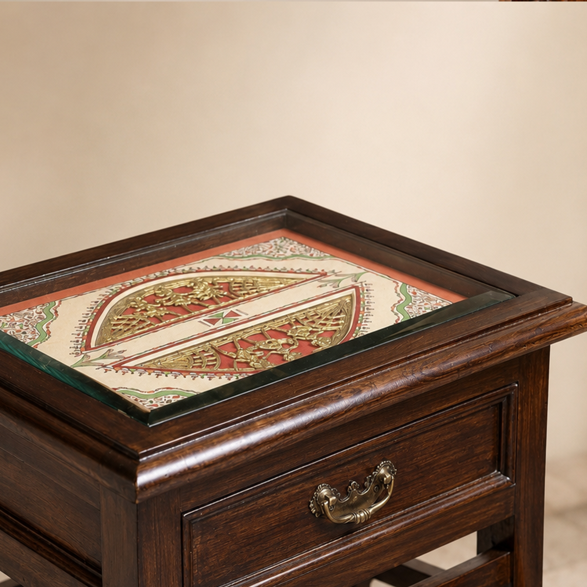 Myra Side Table in Teakwood with Walnut Finish, with Drawer (18x15x17)