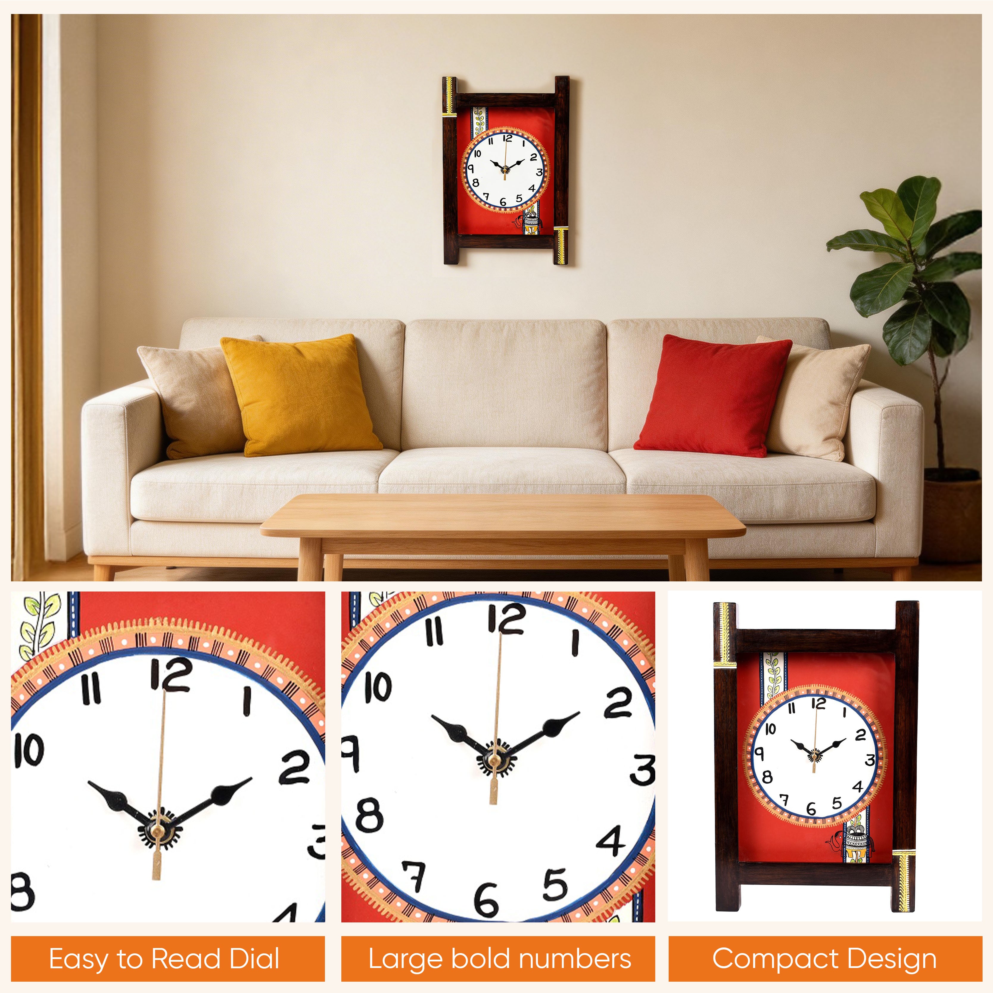 Wall Clock Handcrafted Wooden Tribal Art with Glass (9x1x14)